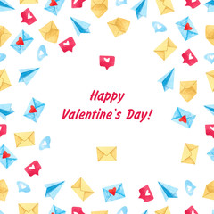 Watercolor seamless pattern frame with envelopes, envelopes with hearts, paper airplanes, tag clouds. Perfect for Valentine’s day decorations.