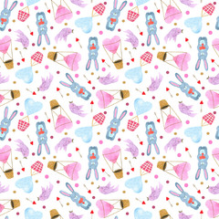 Watercolor seamless pattern with lovely animals. Cute illustration for wallpaper, background, textile or paper design. St.Valentine's Day background. Rabbit or bunny, birdie, balloons