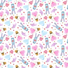 Foto op Plexiglas Dieren met ballon Aquarel naadloze patroon met mooie dieren. Leuke illustratie voor behang, achtergrond, textiel of papieren ontwerp. St.Valentijnsdag achtergrond. Konijn of konijn, vogeltje, ballonnen