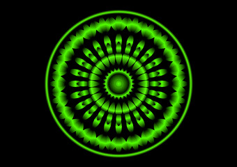 Metallic green mandala on black background
