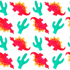 Fototapeta premium Dinosaur Seamless pattern Dino Kids illustration Children pattern Childish background Red dinosaur and Cactus