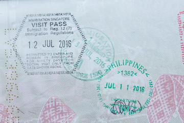 Inside page of a well traveled european passport with all kinds of stamps 