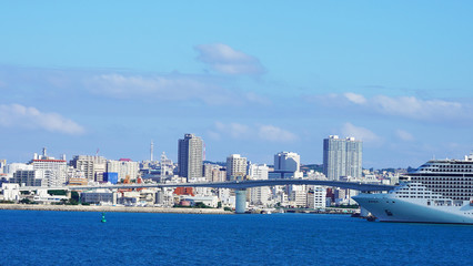 A large luxury cruise ship is moored in the passenger terminal of a modern city. bright white liner in the blue water of the pacific ocean on a sunny day