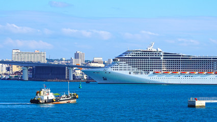 A large luxury cruise ship is moored in the passenger terminal of a modern city. bright white liner...