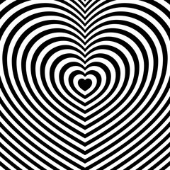 Striped heart shaped pattern. Fashionable ornament with the effect of illusion. Repeating black and white lines. Flat minimalism squared.