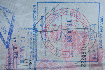 Inside page of a well traveled european passport with all kinds of stamps 