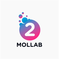 number 2 with molecule element. Lab, liquid, atom Design concept. Design Vector with Dots and Bubbles. perfect for technology, digital, software, network and science brand. - vector