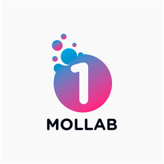 number 1 with molecule element. Lab, liquid, atom Design concept. Design Vector with Dots and Bubbles. perfect for technology, digital, software, network and science brand. - vector