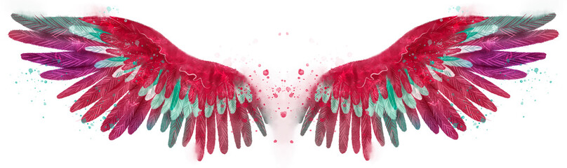 Beautiful watercolor magic bright pink red wings with green and white feathers