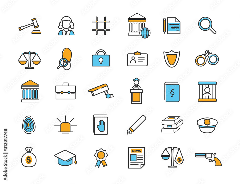 Aufkleber Set of linear jurisprudence icons. Law icons in simple design. Vector illustration