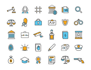 Set of linear jurisprudence icons. Law icons in simple design. Vector illustration