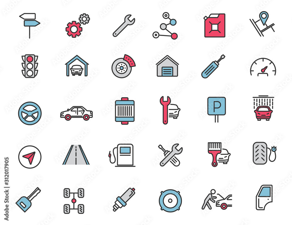 Poster set of linear car service icons. vehicle icons in simple design. vector illustration