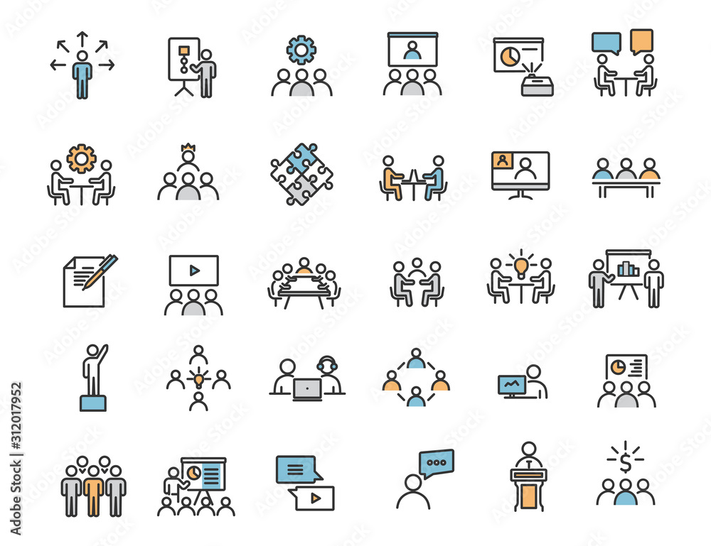 Poster Set of linear business training icons. Workshop icons in simple design. Vector illustration