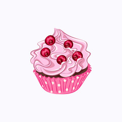 Cupcake with pink cream and red berry