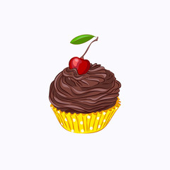 Cupcake with chocolate cream and cherry