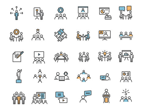 Set of linear business training icons. Workshop icons in simple design. Vector illustration