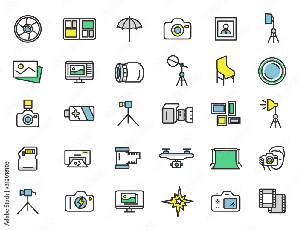 Poster set of linear photo studio icons. photographer icons in simple design. vector illustration
