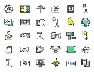 Set of linear photo studio icons. Photographer icons in simple design. Vector illustration