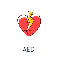 automated external defibrillator (AED)  heart with electric shock minimalist out line hand drawn medic flat icon illustration