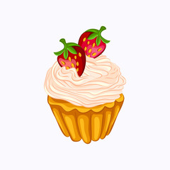 Vanilla cupcake with cream and strawberry isolated