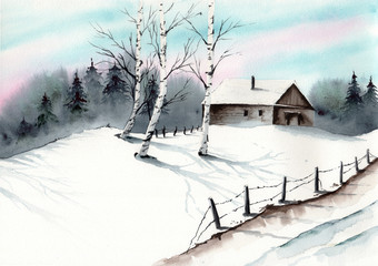   Watercolor picture of  a winter landscape with small house,  old fence,and some birch trees 