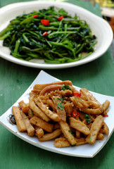simple vegan meal for daily family menu with fried tofu cook with sauce, fried water spinach