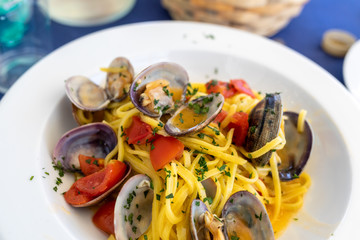 Hand-made pasta with seafood in Polignano a Mare. Apulia, Italy