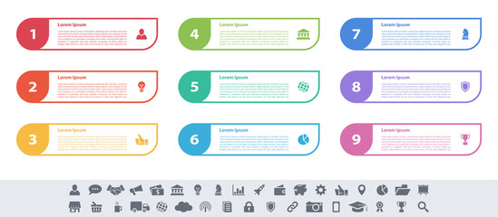 Infographic design business concept vector illustration with 9 steps or options or processes represent work flow or diagram or web button banner