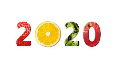 2020 Happy New Year for healthcare. fruit and vegetables which make 2020 number on white background.