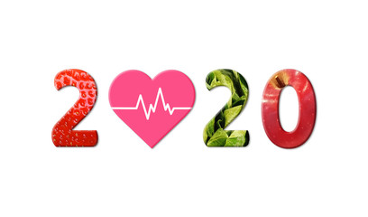 2020 Happy New Year for healthcare. Fruit and vegetables which make 2020 number isolated on white background.