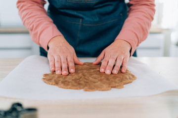 Young Woman preparing Christmas cookies at home. Handmade Ginger Cookies.