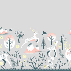 Winter Deers and Landscape Vector Seamless Horizontal Border Background