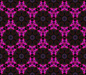 Abstract bright kaleidoscope symmetric pattern on a black background.