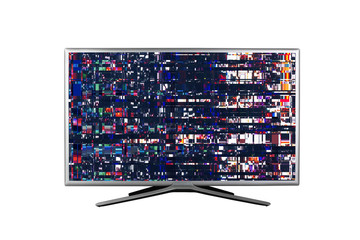 4K monitor or TV with digital glitches, distortions on the screen isolated on white background