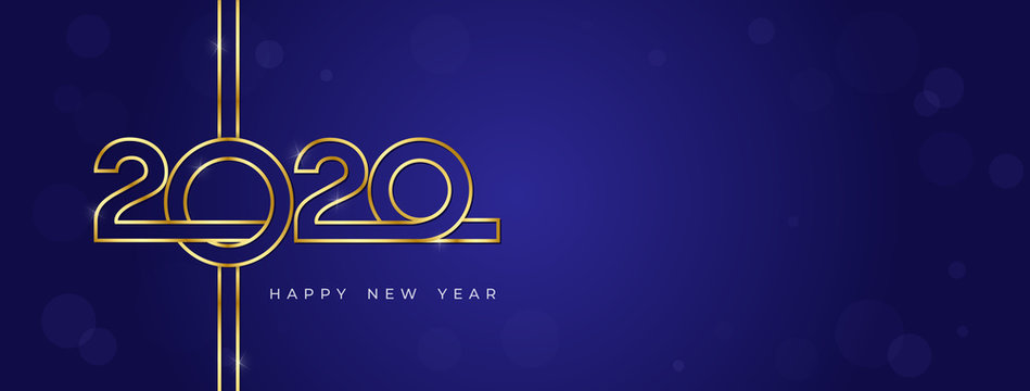 Golden 2020 and happy new year text on dark blue bokeh banner background