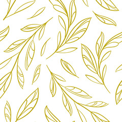 Vector seamless pattern with outline golden branches and leaves; floral abstract design on white background; perfect for fabric, wallpaper, wrapping paper, textile, web design.