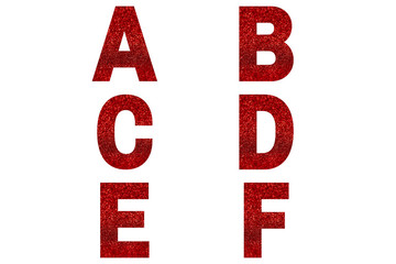 Red font Alphabet a, b, c, d, e, f made of red sparkle background. Festive alphabet.