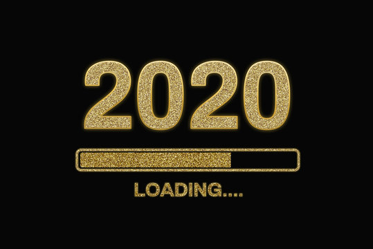 2020 loading. Happy New Year 2020. Golden glitter bar isolated on black background.