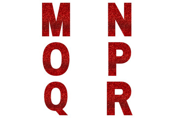 Red font Alphabet m, n, o, p, q, r made of red sparkle background. Festive alphabet.