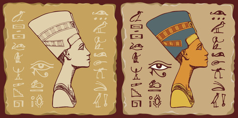 Set of vector banners in the form of ceramic tiles with profile of Nefertiti and Egyptian hieroglyphs. Queen of ancient Egypt. Wife of Egyptian pharaoh. Advertising posters or flyers for travel Agency