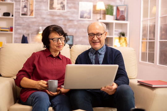 Elderly old couple using modern laptop to chat with their grandson