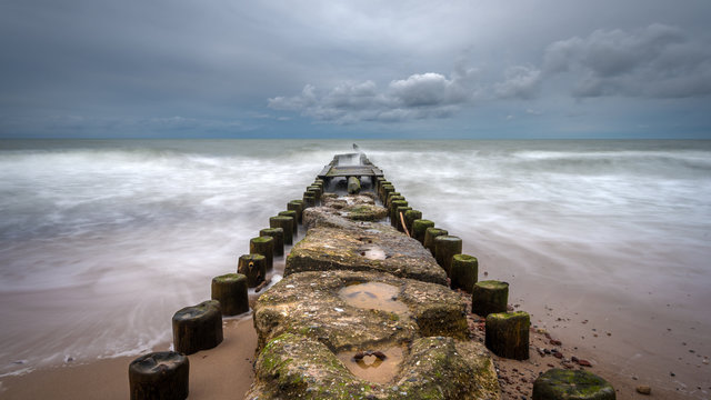Baltic Sea on a cloudy and rainy day. Poland, Europe