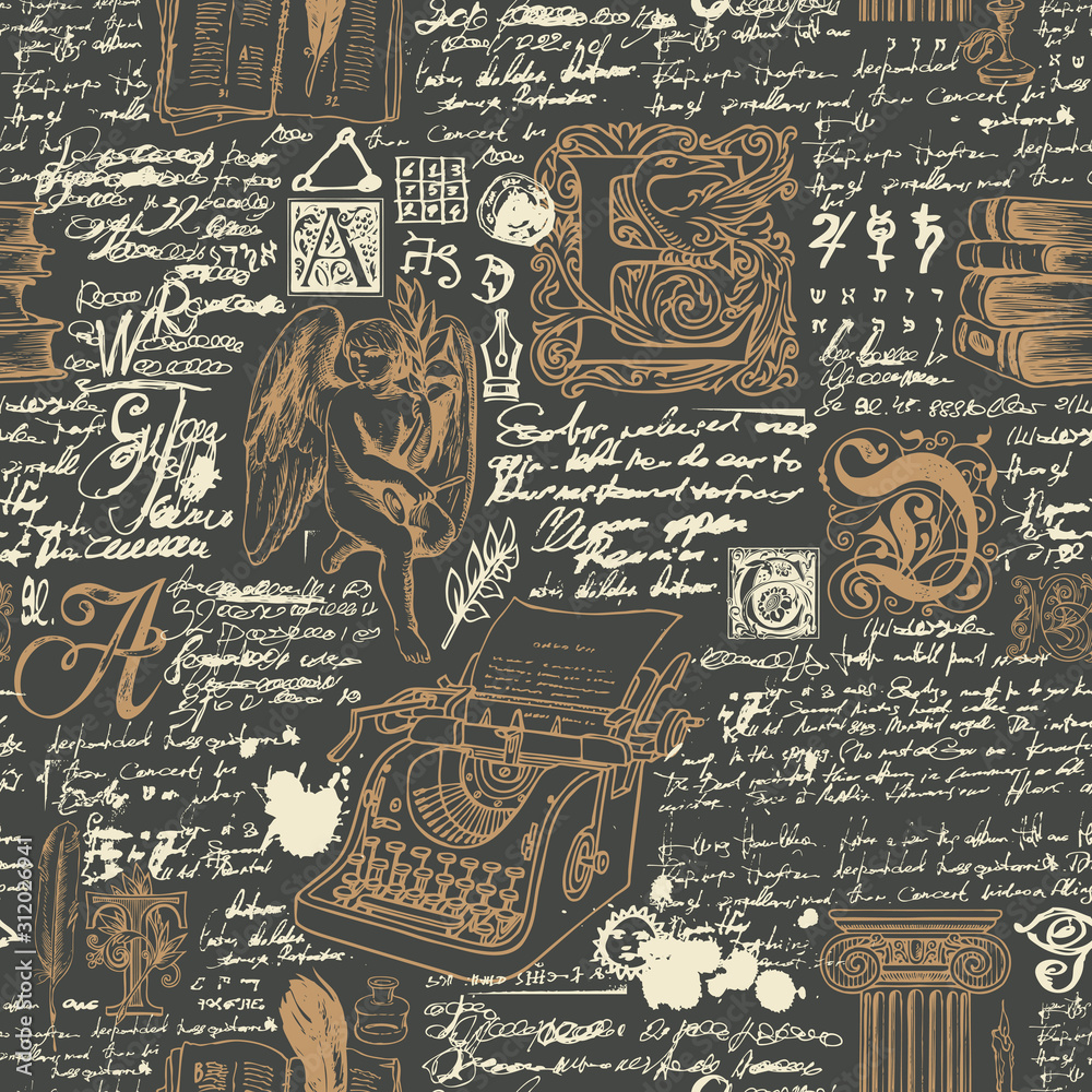 Poster vector seamless pattern on a writers theme. abstract background with sketches and unreadable handwri