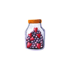 Watercolor bottle with candies and hearts. Hand drawn illustration isolated on white. Magic glass jar is perfect for Valentine's Day design, postcard, poster, stickers, icon, wedding invitations