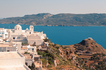 View on the seaside and near islands at Milos, Greece at sunny weather