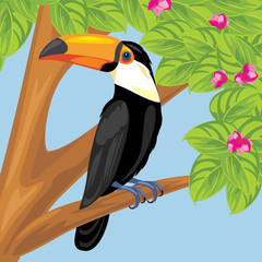 Proud toucan on a branch of a flowering tree