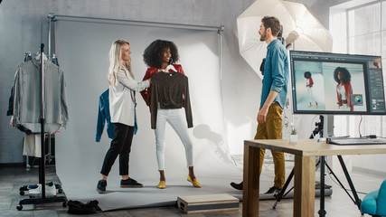 Backstage of the Photo Shoot: Stylist Chooses Outfit and Clothes for a Beautiful Black Model Girl,...