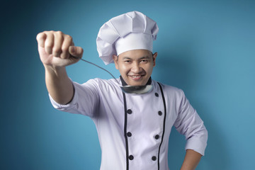 Asian Male Chef Making Soup, Chef Holding Kitchen Tool Ladle