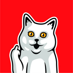 Happy White Cat Face Showing Middle Finger Hand Symbol Vector Illustration - Vector