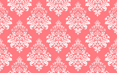 Wallpaper in the style of Baroque. Seamless vector background. White and pink floral ornament. Graphic pattern for fabric, wallpaper, packaging. Ornate Damask flower ornament